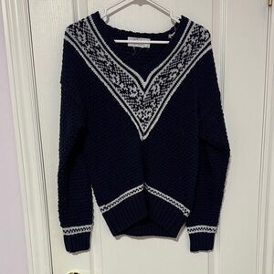 Michelle Stuart Navy and White V-Neck Fair Isle Sweater